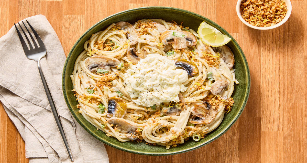 Creamy Mushroom Spaghetti With Burrata plus Lemony Toasted Panko