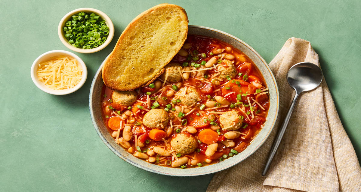 Italian Chicken Mini-Meatball Soup with White Beans, Parmesan & Buttered Baguette