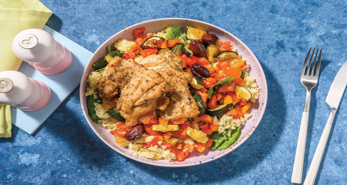 Sicilian-Style Chicken, Olive & Veggie Bake with Spinach Couscous