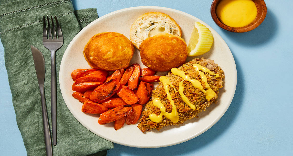 Pecan Chicken Royale with Lemony Asparagus, Biscuits & Garlic Thyme Butter