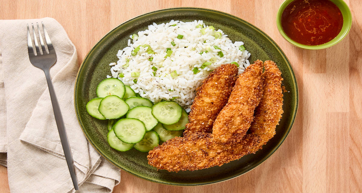 Crispy Coconut Chicken Strips with Scallion Rice, Pickled Cuke & Sweet Chili Dipping Sauce