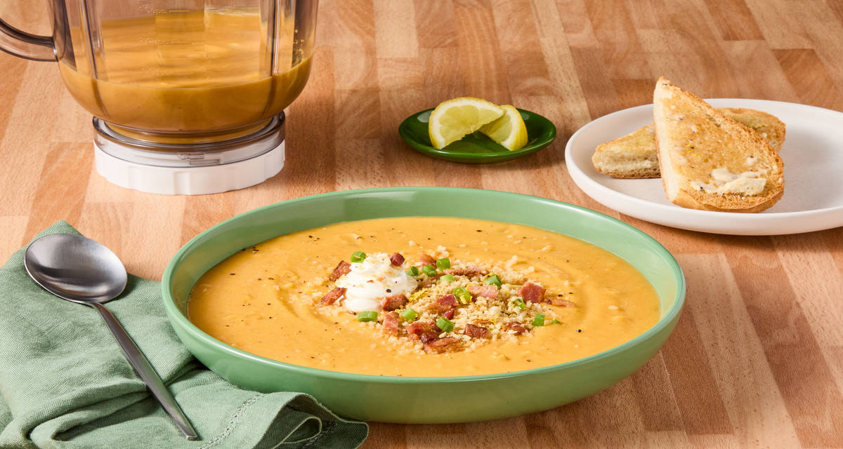 Butternut & Sweet Potato Soup with Bacon Note: Blender Required
