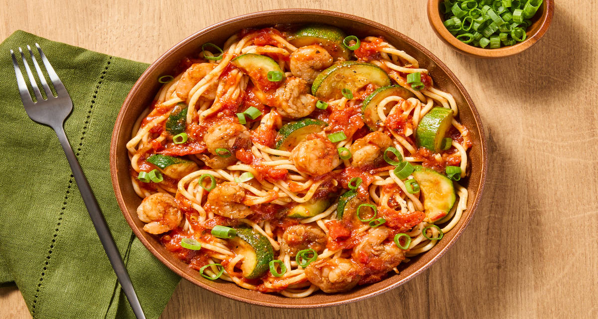 Tomato Garlic Shrimp Spaghetti with Zucchini, Italian Herbs & Scallions