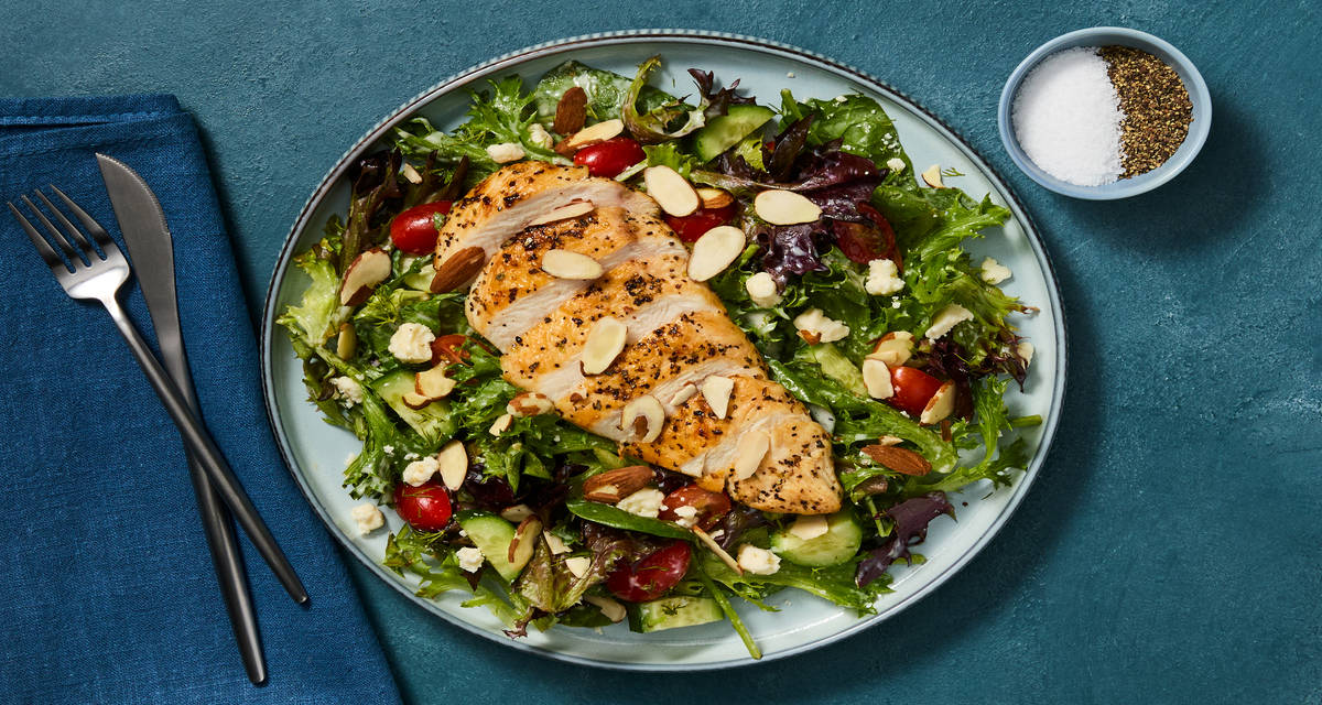 Greek Salad With Herbed Chicken & Feta  Cucumber, Grape Tomatoes, Almonds & Yogurt Dill Dressing