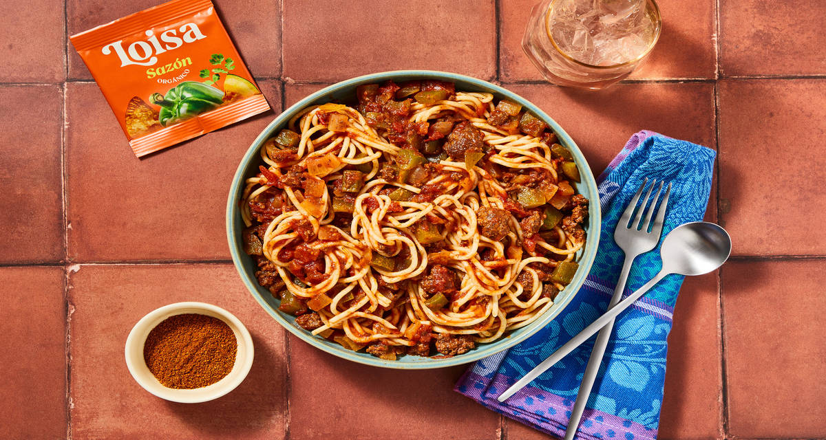 Puerto Rican-Style Beef & Sazón Spaghetti with Red Sauce, Bell Pepper & Onion