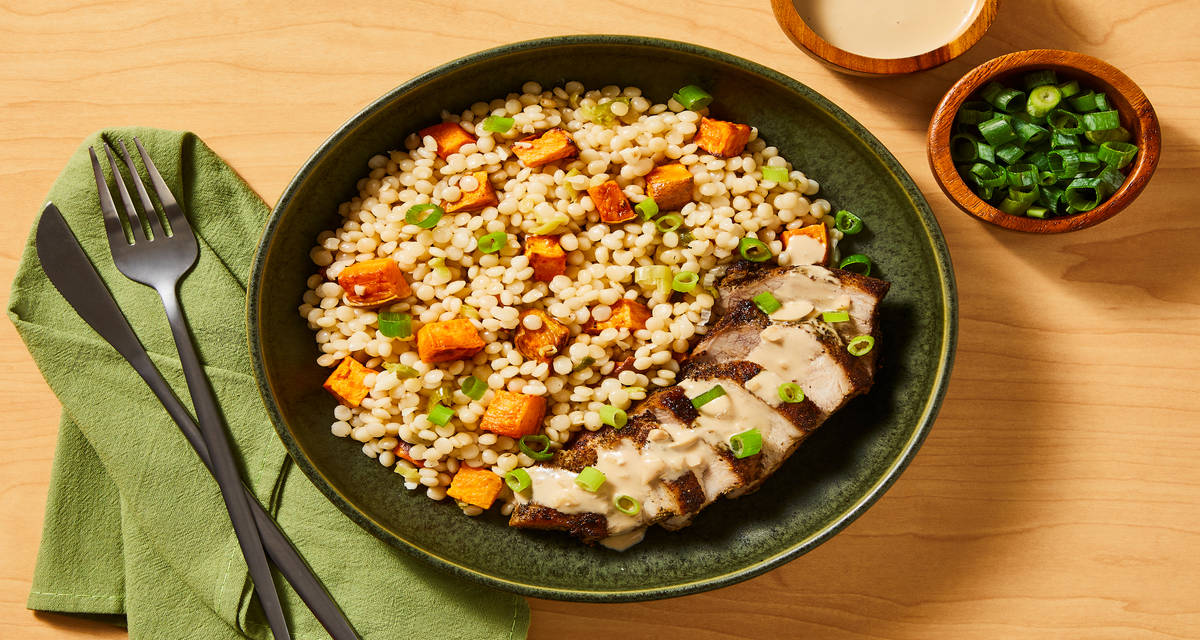 W44 R143 Beef Tenderloin with Creamy Garlic Sauce plus Roasted Sweet Potato Couscous