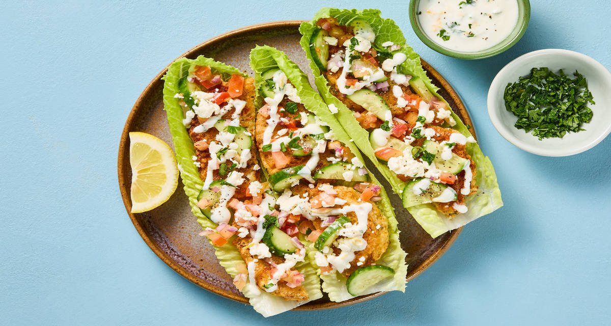 Chickpea Fritter & Feta Lettuce Wraps with Tomato Cucumber Salad & Lemon Yogurt Sauce