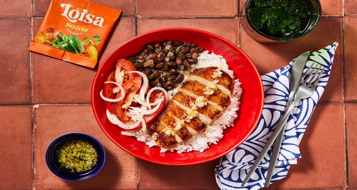 W40 R134 Cuban-style Sazón Pork Chops plus Rice & Beans, Garlic Oil & Tomato Salad