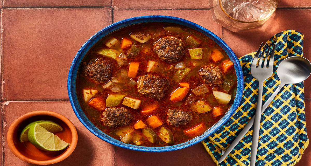 Mexican-Style Beef Albondigas Soup with Meatballs, Zucchini, Potatoes & Carrots