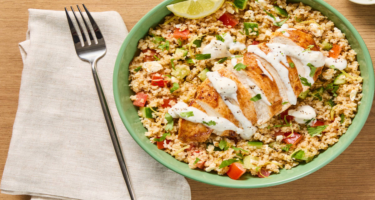 Salmon Tabbouleh Bowls with Cilantro & Creamy Feta Sauce