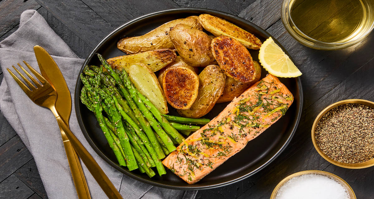 Sheet Pan Lemon-Dill Trout & Asparagus with Roasted Fingerling Potatoes
