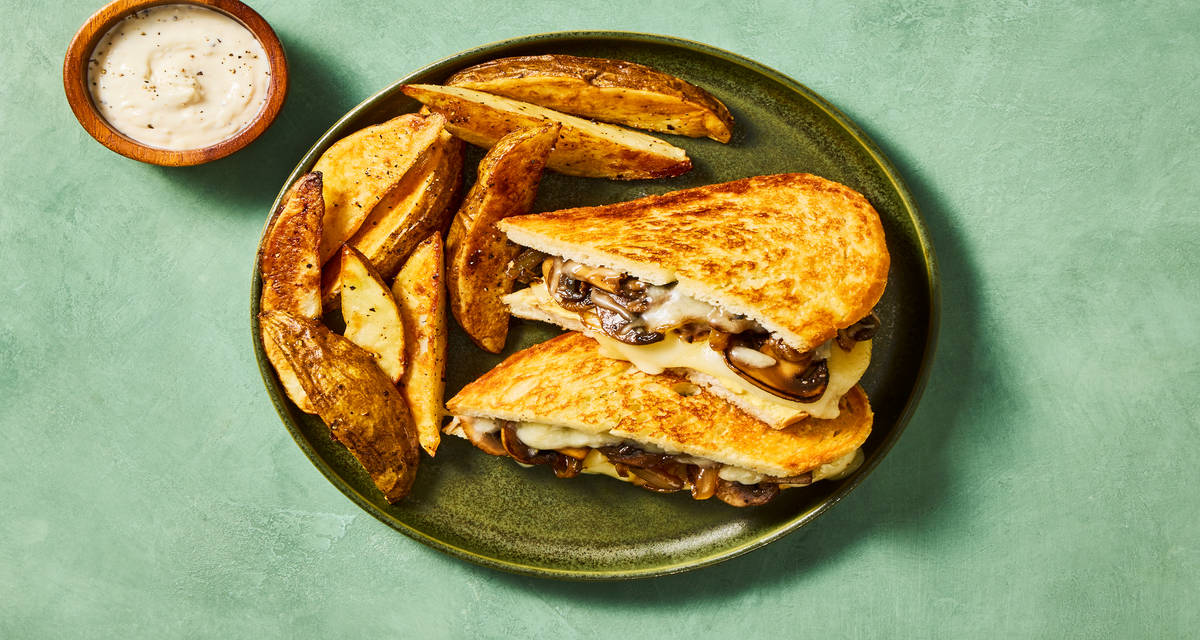 Alpine Mushroom, Bacon & Swiss Panini with Potato Wedges & Garlic Aioli