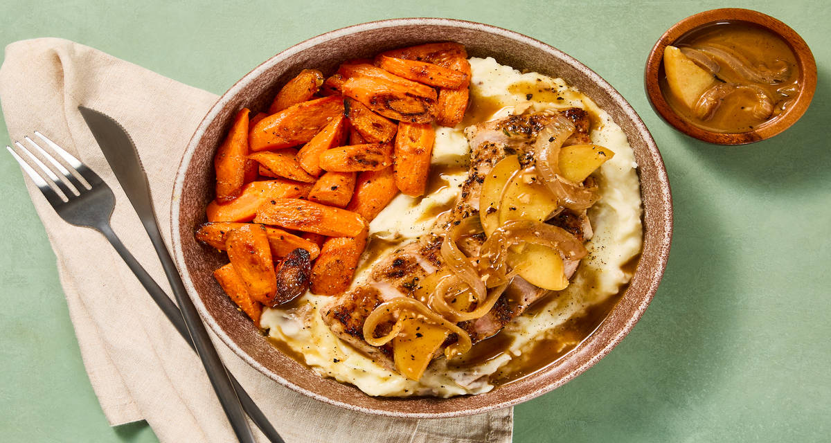 Pork Chops with Apple & Onion Pan Sauce plus Creamy Mashed Potatoes & Roasted Carrots