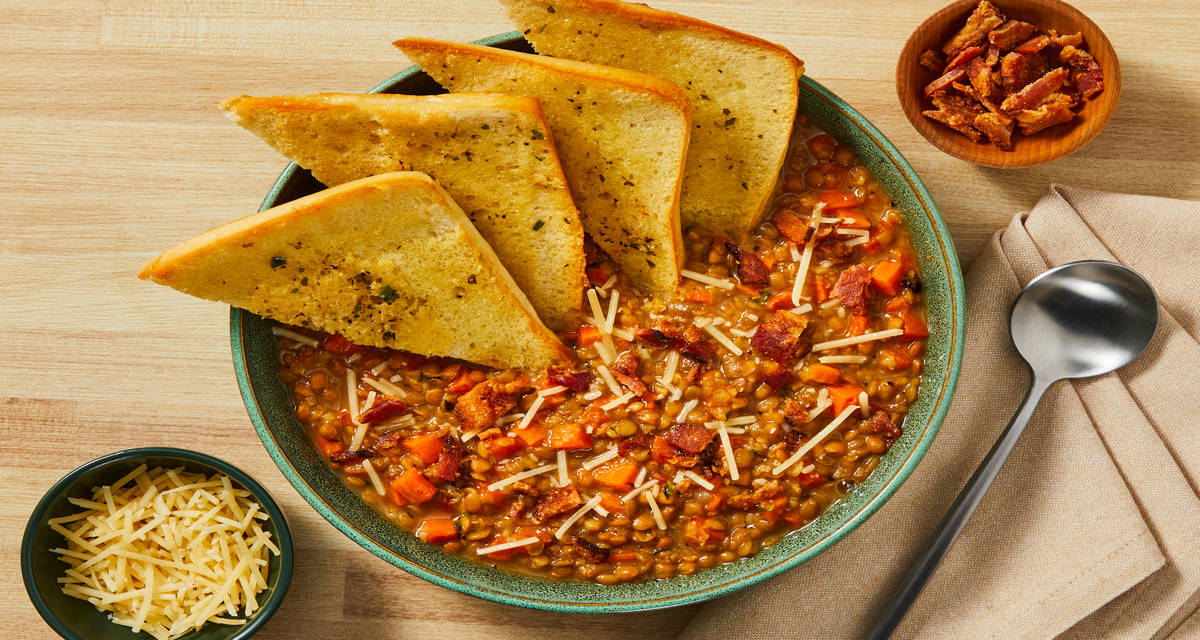 Bacon, Carrot & Lentil Soup plus Garlic Toasts & Parmesan