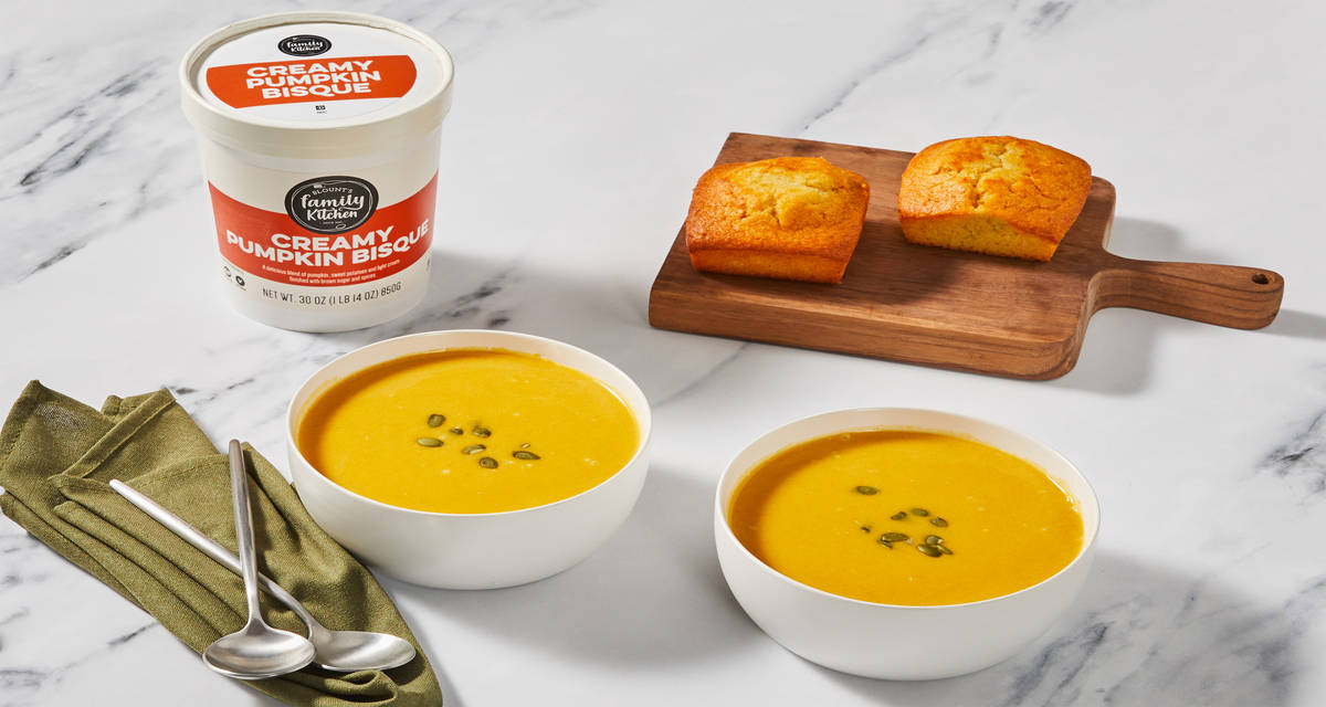 Creamy Pumpkin Bisque & Honey Butter Cornbread Souper yummy and easy. | 2-3 Servings