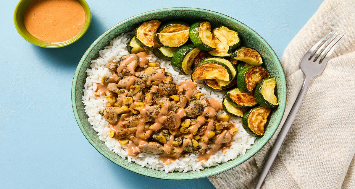 Ranch-Spiced Chicken & Corn Rice Bowls with Dark Meat Chicken, Roasted Zucchini & Creamy BBQ