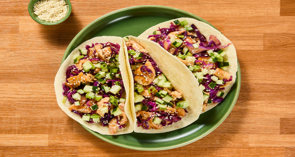 Sweet Heat Hoisin Chicken Tacos with Cucumber-Scallion Relish & Sesame