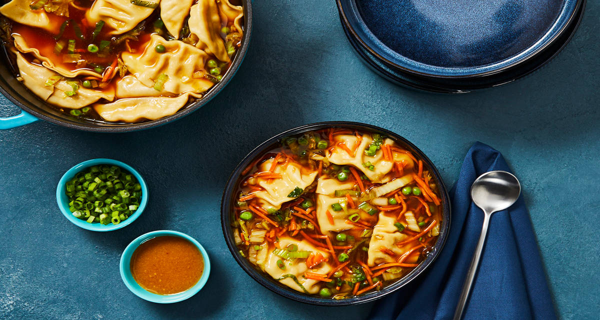 Chicken Gyoza in a Shoyu-Style Broth with Carrots, Peas, Bok Choy & Napa Cabbage