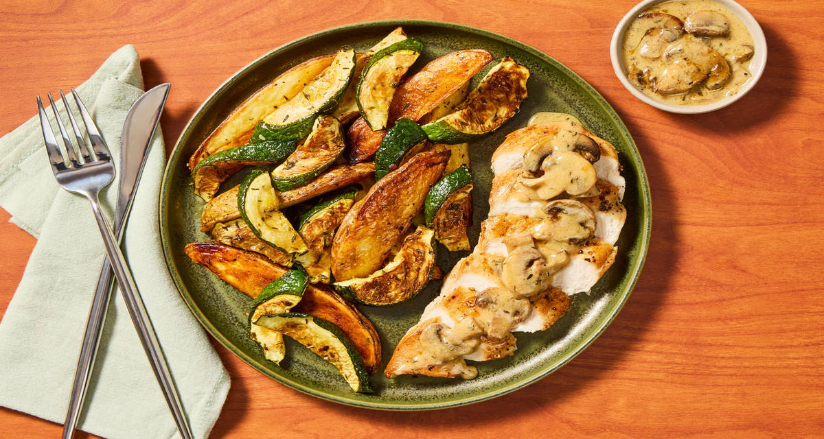 Creamy Dijon Chicken & Mushrooms with Thyme-Roasted Potatoes & Zucchini
