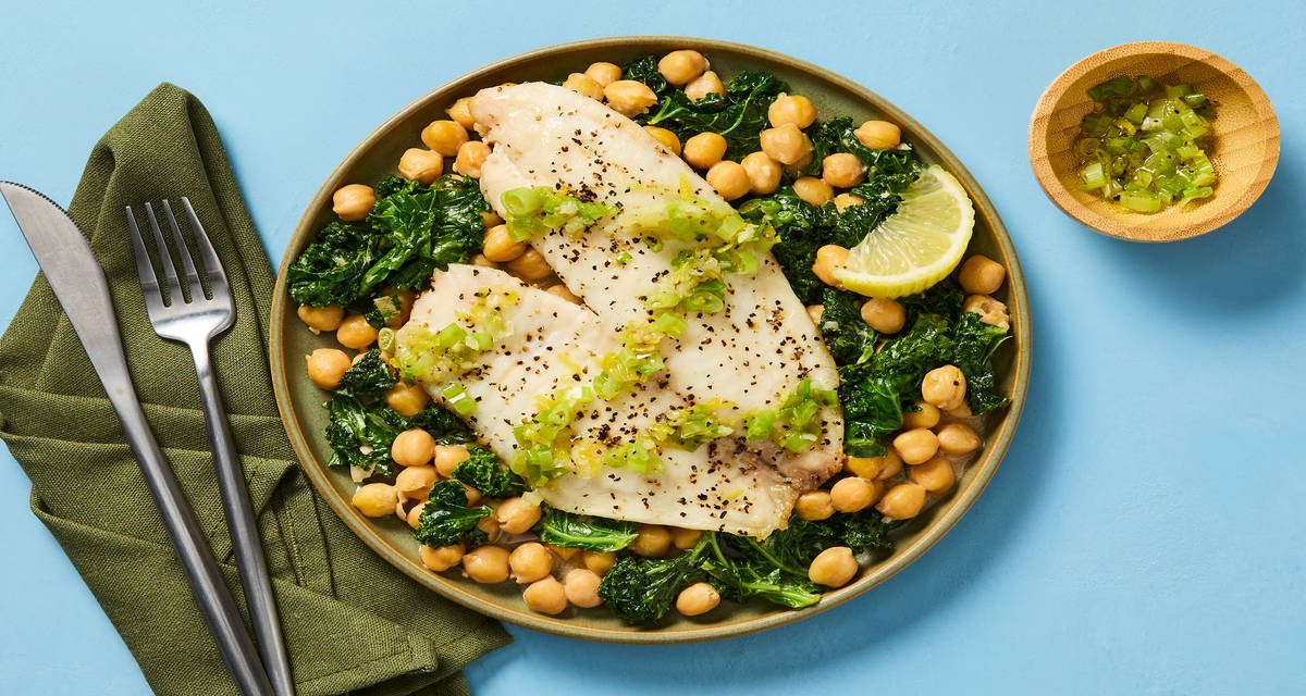 Roasted Tilapia with Garlic-Scallion Oil plus Creamy Chickpeas & Kale