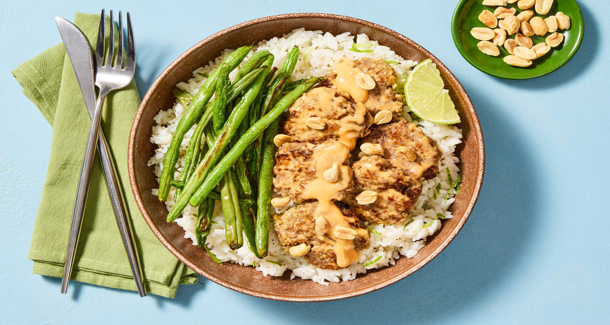Thai Chili Coconut Smashed Turkey Patties with Zesty Rice, Roasted Green Beans & Peanuts