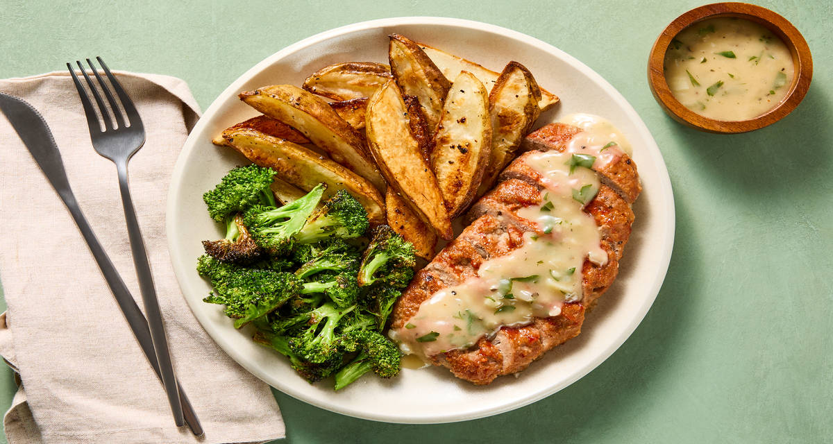 Cozy Turkey Meatloaves & Shallot Gravy with Potato Wedges & Roasted Broccoli