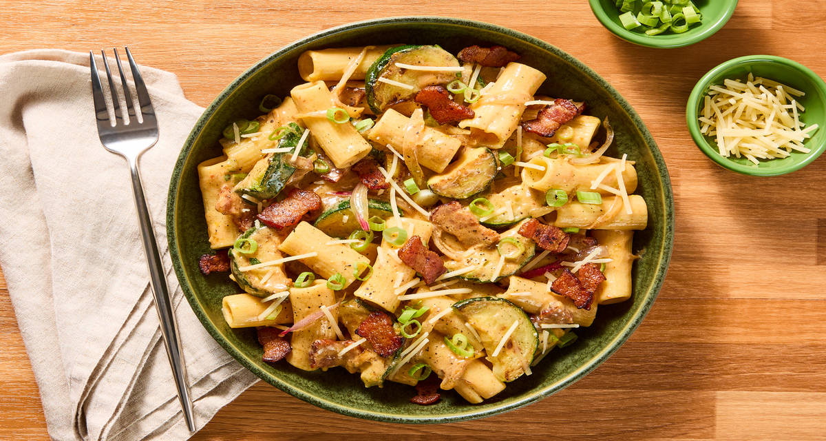 Spicy Miso Rigatoni With Bacon plus Caramelized Shallot, Zucchini & Parmesan