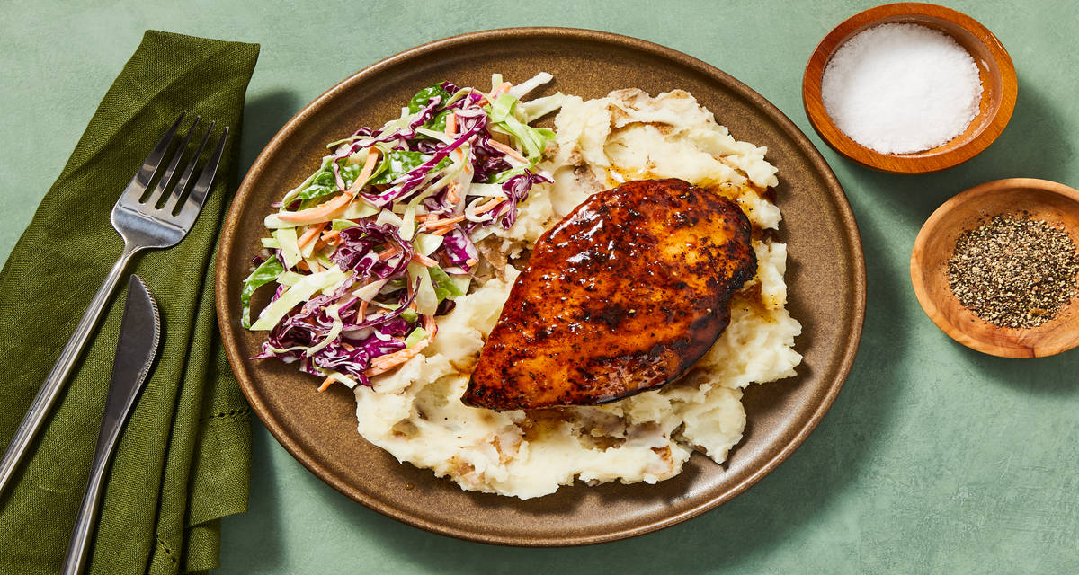 Sweet & Smoky BBQ Glazed Chicken   with Mashed Potatoes & Coleslaw