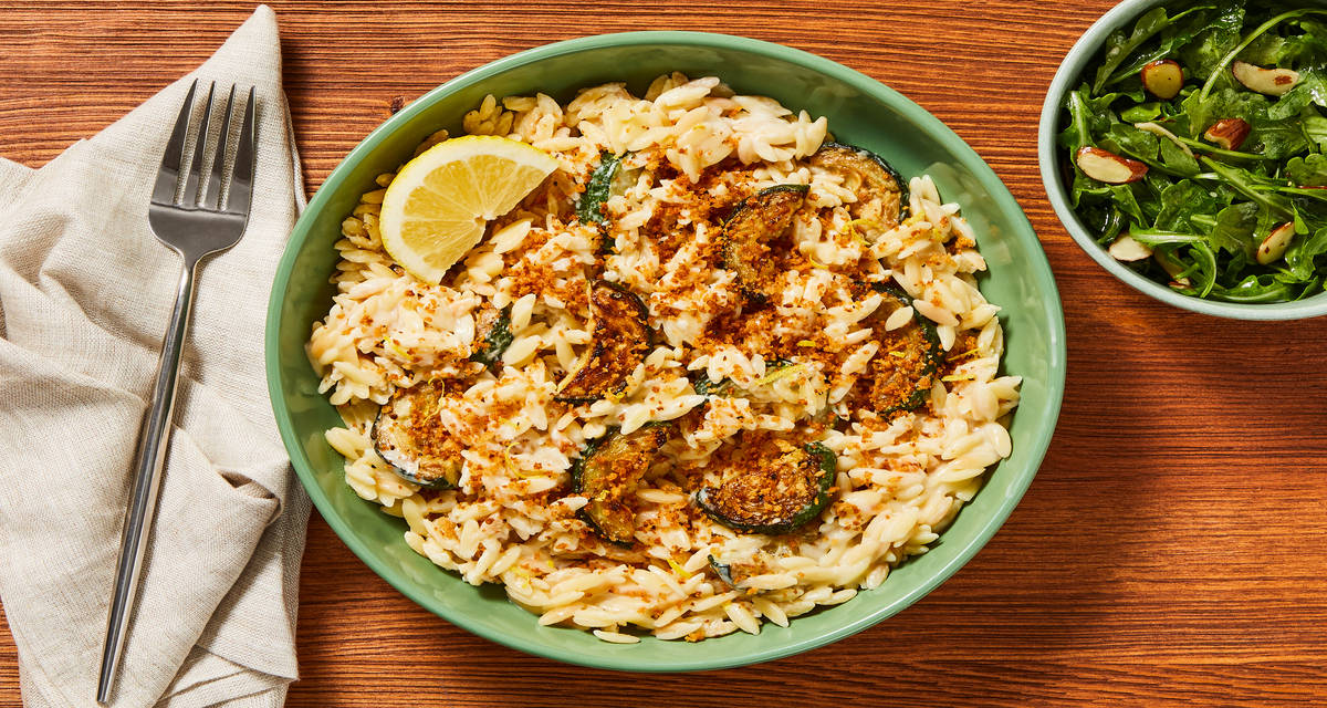 Creamy Zucchini Orzotto with Toasted Panko & Lemony Arugula Salad