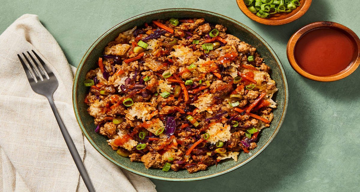 Sweet & Spicy Turkey Fried Rice with Cabbage, Carrot, Scallions & Hot Sauce