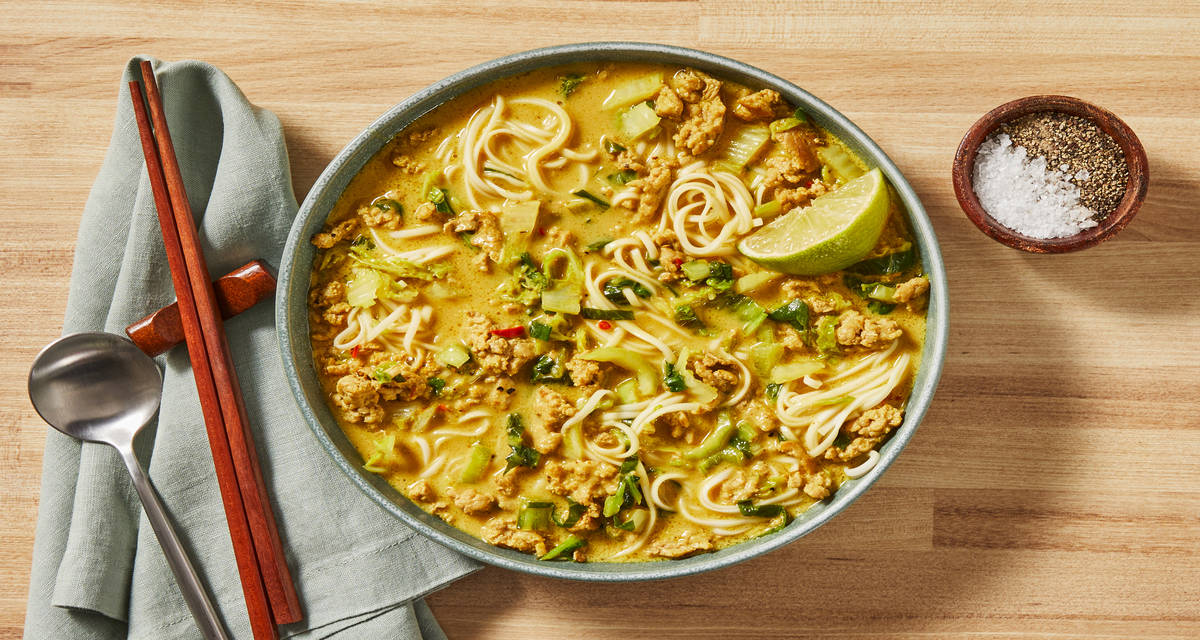 Thai-Inspired Curry Chicken Noodle Soup  with Dark Meat Chicken, Coconut Milk, Bok Choy & Lime