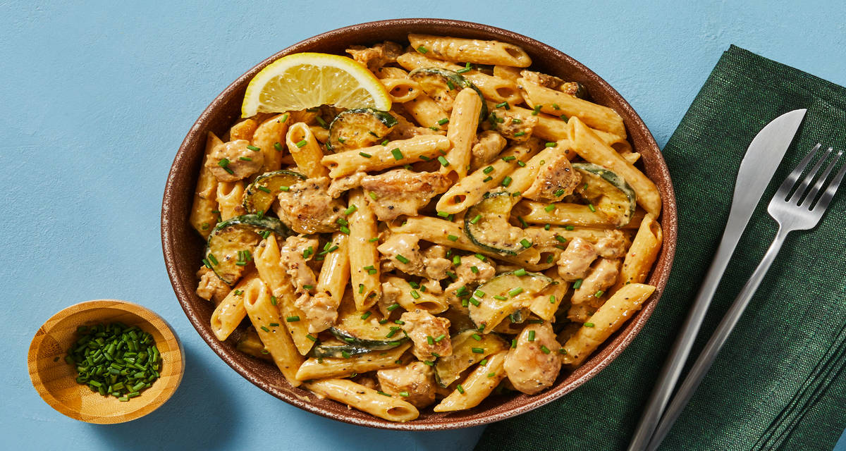 German-Style Smoky Chicken Penne  with Dark Meat Chicken, Zucchini & Lemon