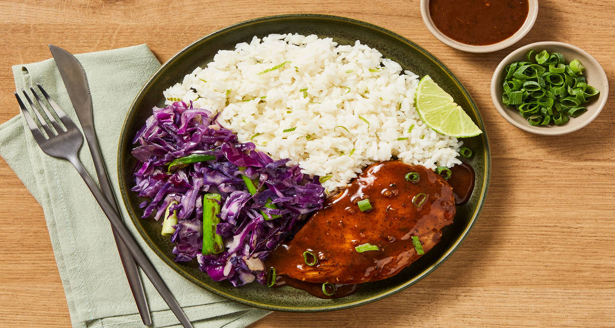 Saucy Jerk Chicken & Coconut Rice with Sautéed Cabbage & Scallions