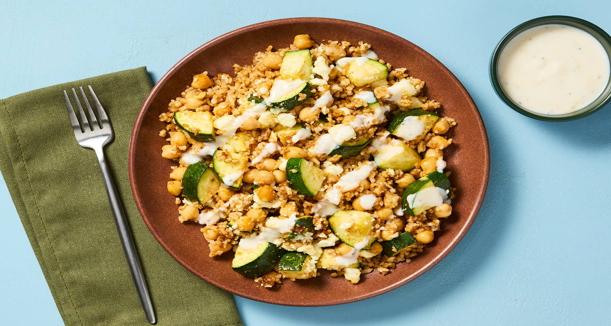 Mediterranean Chickpea & Zucchini Bake with Rice, Feta & Garlicky Yogurt Sauce