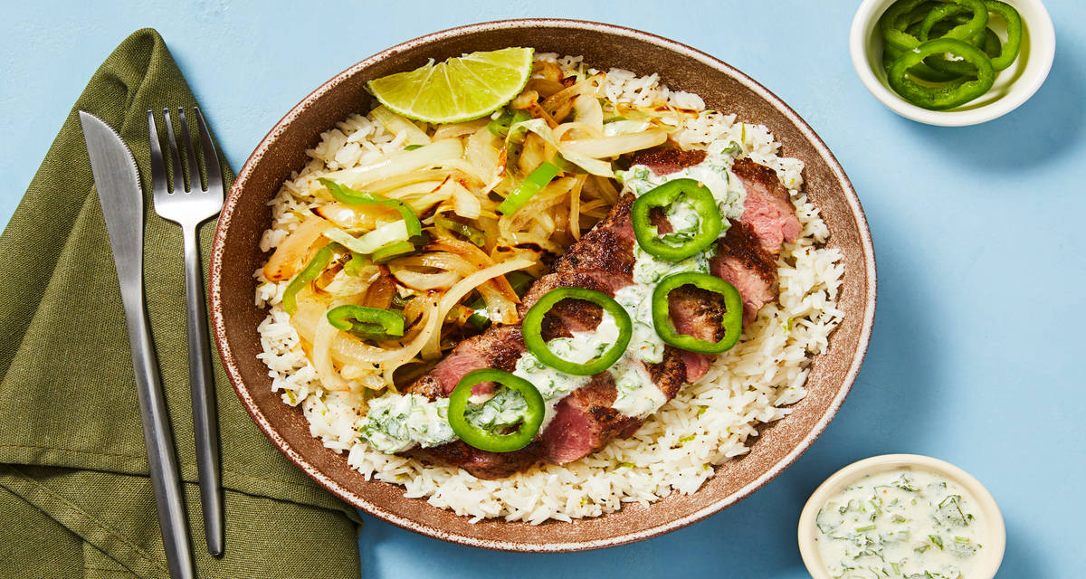 Creamy Cilantro Steak Bowls with Garlic Lime Rice & Charred Green Pepper