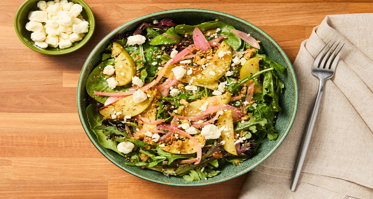Warm Apple, Feta & Chicken Salad with Walnut Panko & Blue Cheese Dressing