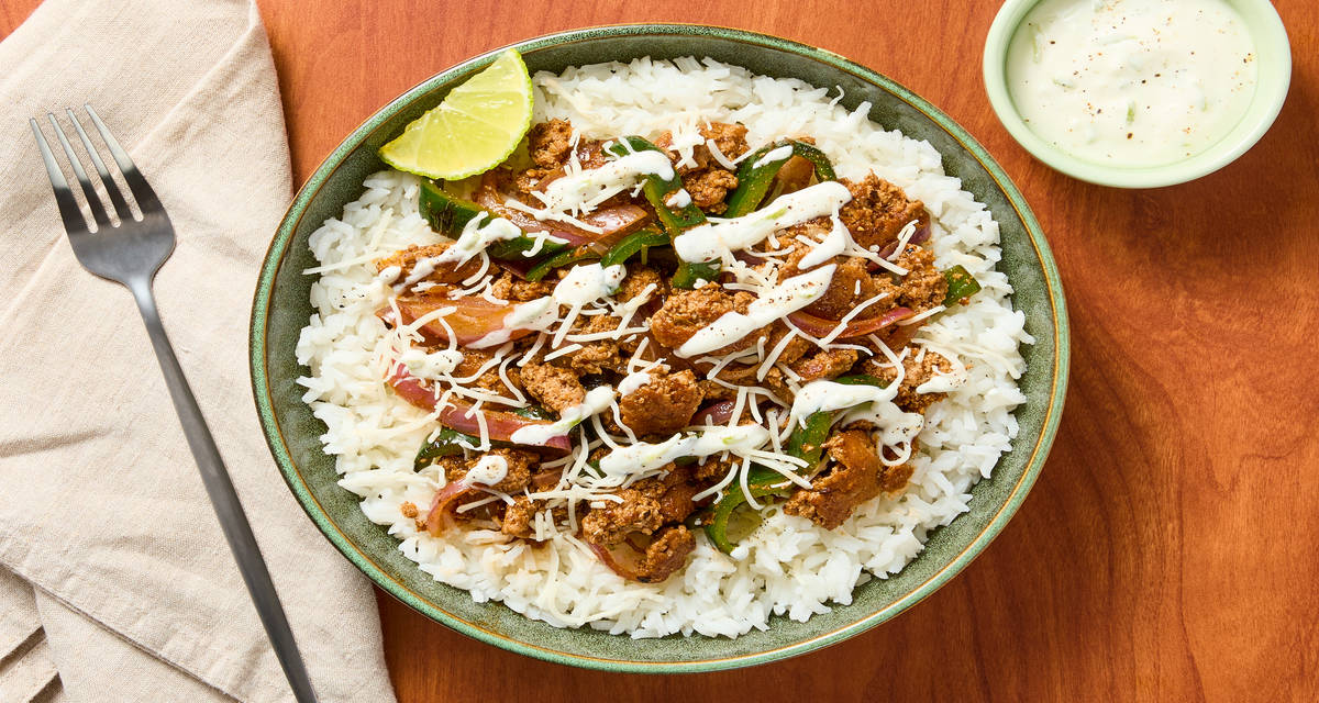 Spicy Tex-Mex Turkey Burrito Bowls with Fajita Veggies, Rice & Lime Crema