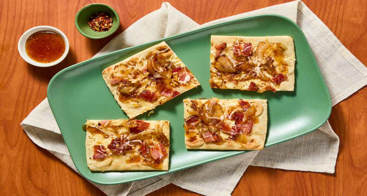 Bacon & Fig Jam Flatbreads with Mozzarella, Monterey Jack & Chili Flakes