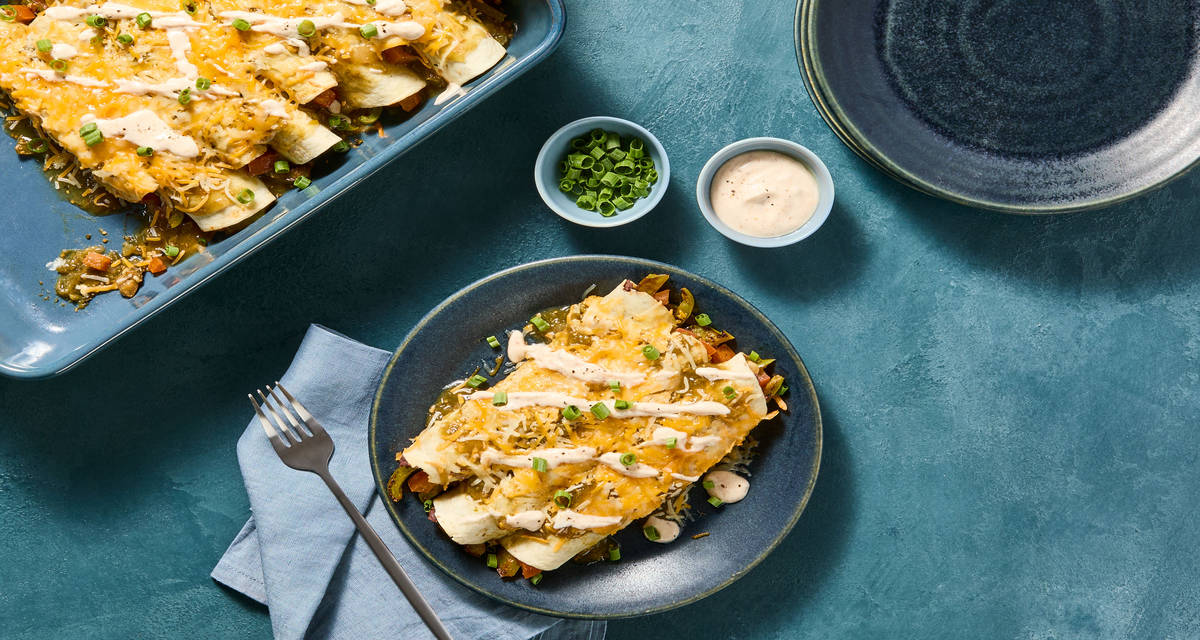 Salsa Verde Enchiladas with Southwest Crema & Refried Beans