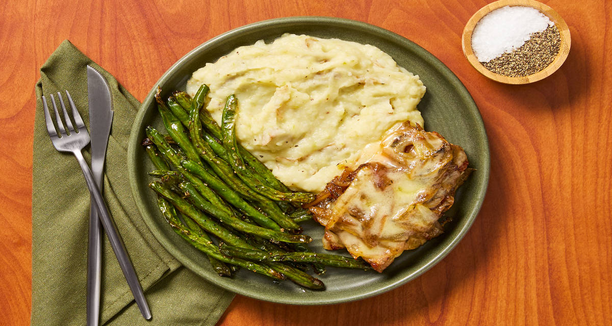 French Onion Smothered Chicken with Mashed Potatoes & Green Beans
