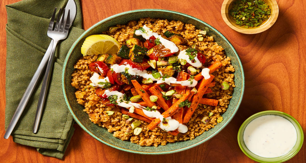 Spicy Bulgur & Organic Chicken Bowls with Zucchini, Carrots, Chermoula & Creamy Lemon Sauce