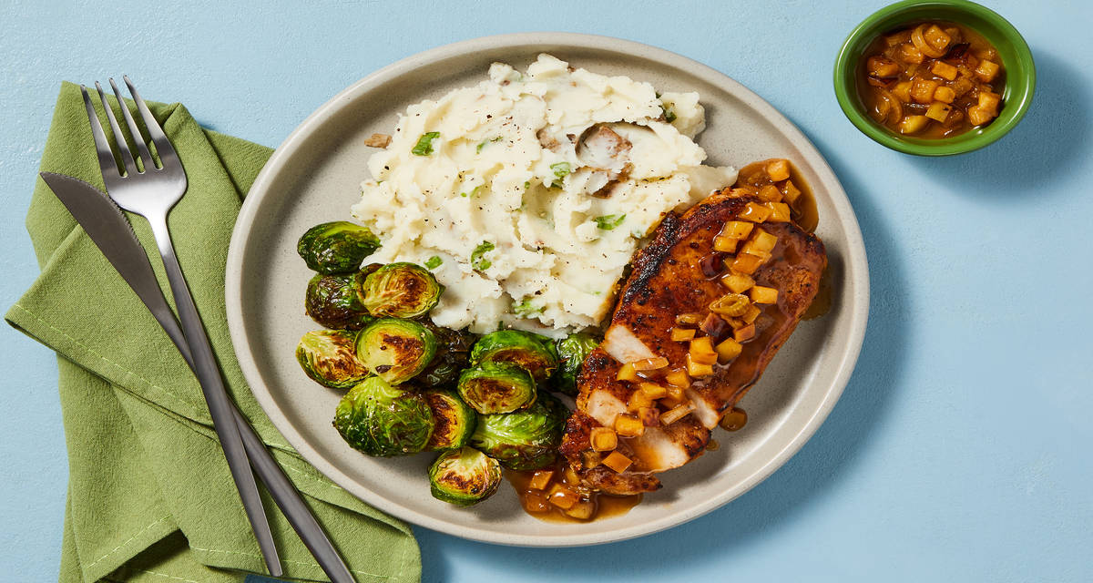 Brown Sugar Bourbon Chicken with Apple Pan Sauce, Scallion Mashed Potatoes & Brussels Sprouts