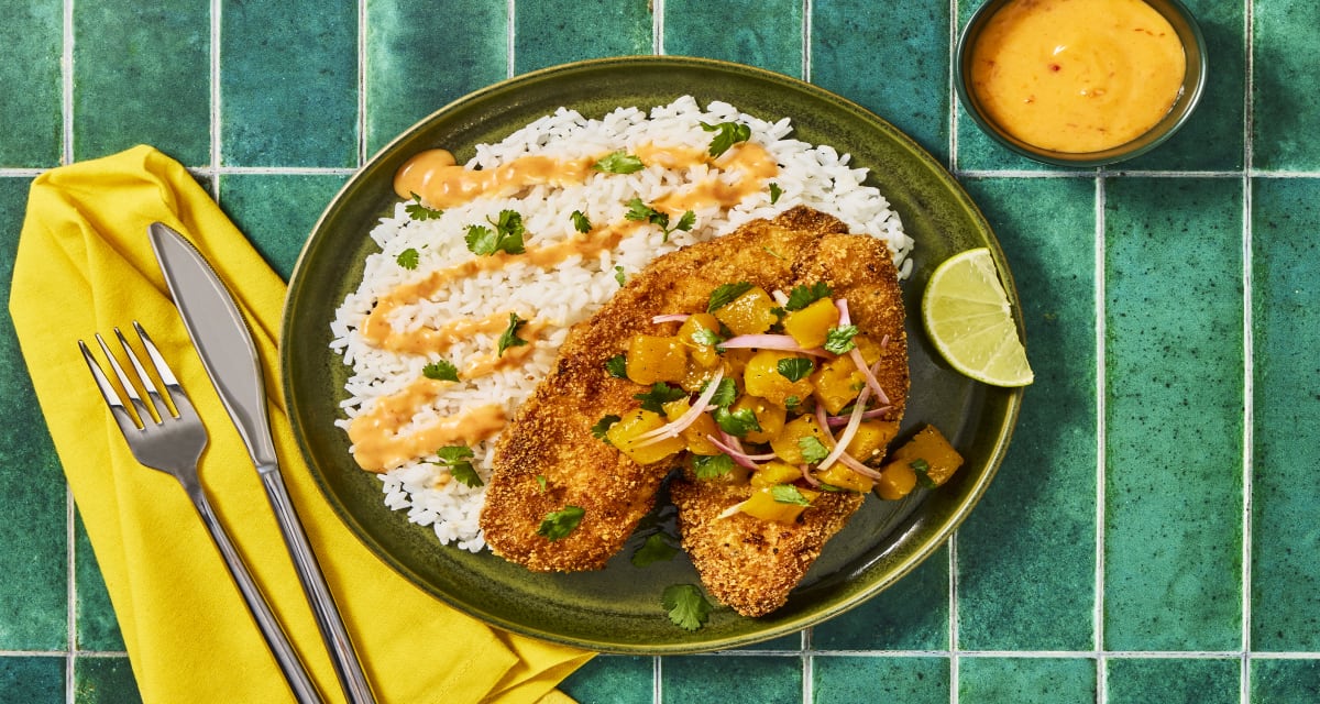 Panko-Crusted Tilapia with Mango Salsa plus Rice, Sweet Chili-Lime Mayo & Cilantro-image