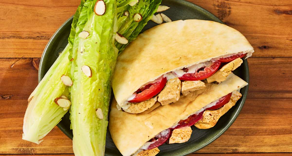 Garlicky Tofu Pitas with Tomato, Lemony Wedge Salad & Almonds-image