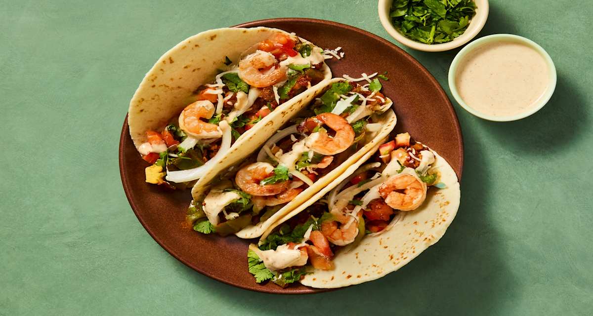 One-Pan Smoky Shrimp Tacos with Green Pepper, Pickled Onion & Monterey Jack Cheese-image