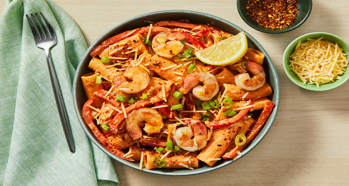Shrimp Rigatoni in a Creamy Sauce with Bell Pepper & Lemon