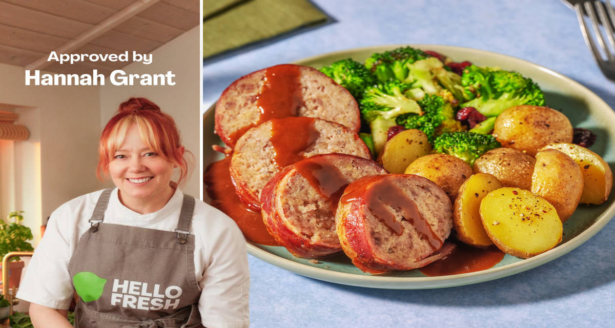 Baconlindad färslimpa med brunsås, stekt broccoli och kokt potatis