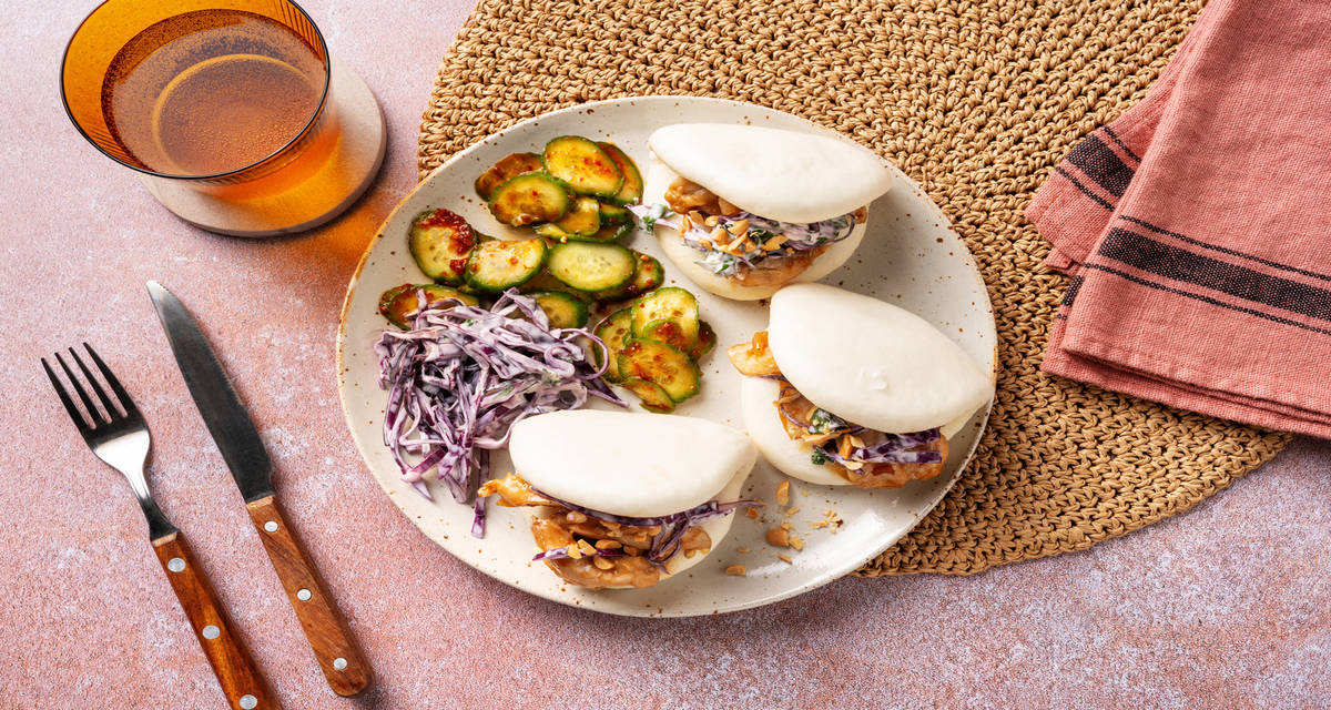 bao bun pork with a Cucumber salad