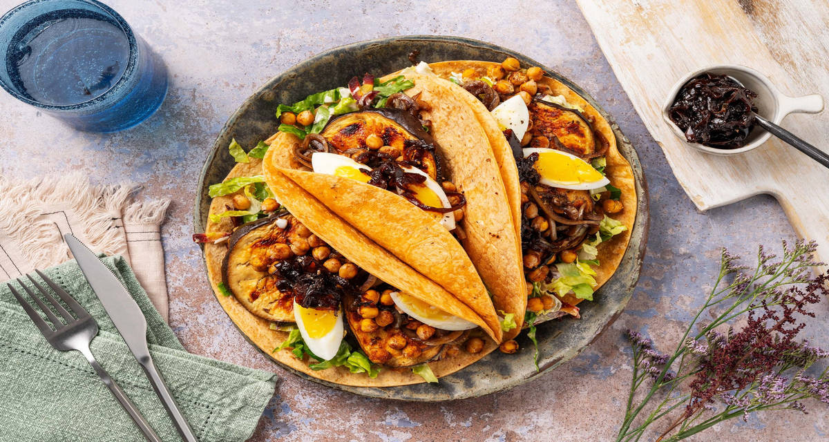 Veggie caesar wrap with chickpeas and chickpeas and eggplant