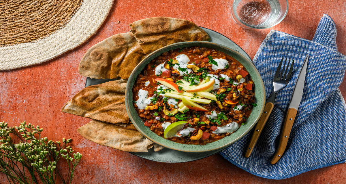 Vegan red split lentils with coconut yoghurt and apple